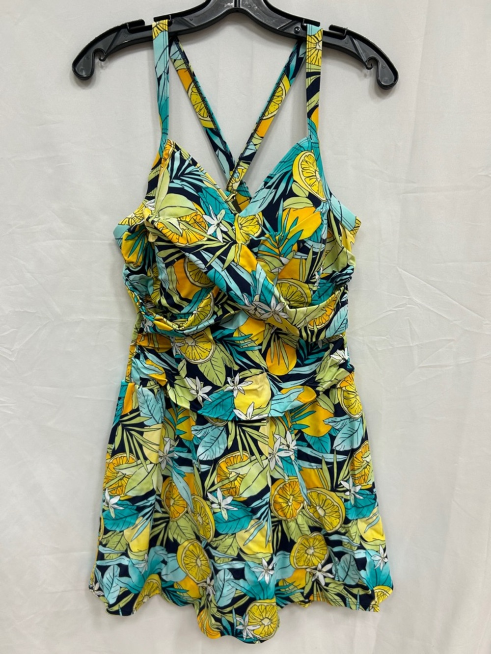 Denim & Co. Beach Sweetheart Twist Front Swim Dress Navy Lemons 🍋 Reg 16